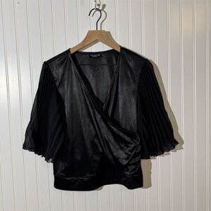 Paperoc Women’s Black Pleated Sleeve Wrap Blouse Top Large Elegant Goth Chic